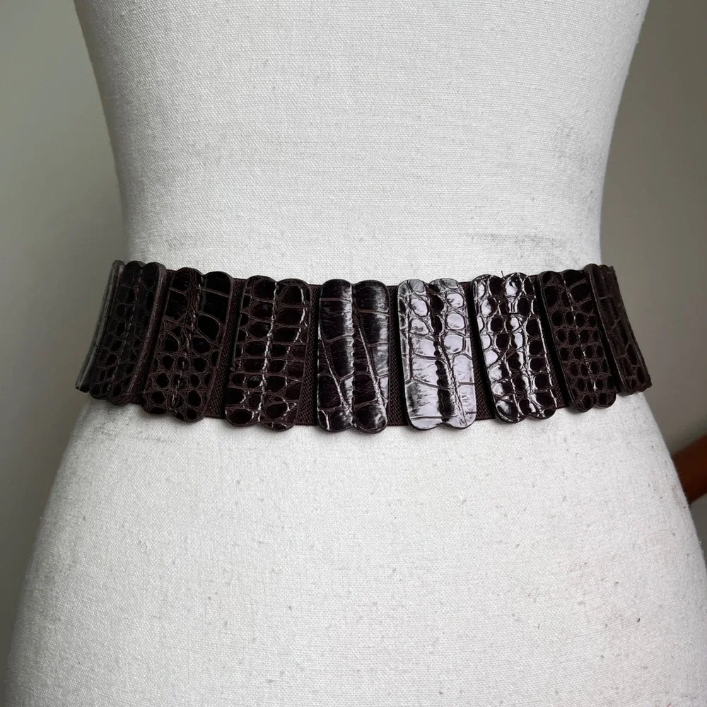 Y2K Wide Elastic Belt Large Brown Faux Croc Silver O-Ring Buckle Chunky Wide Big